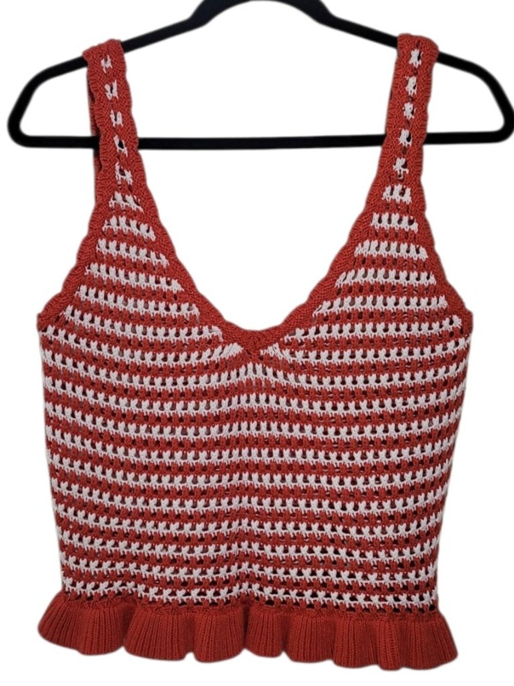 Full Tilt Crochet Knit Ruffle Boho Summer Cami Tank Top Red White Large Coastal